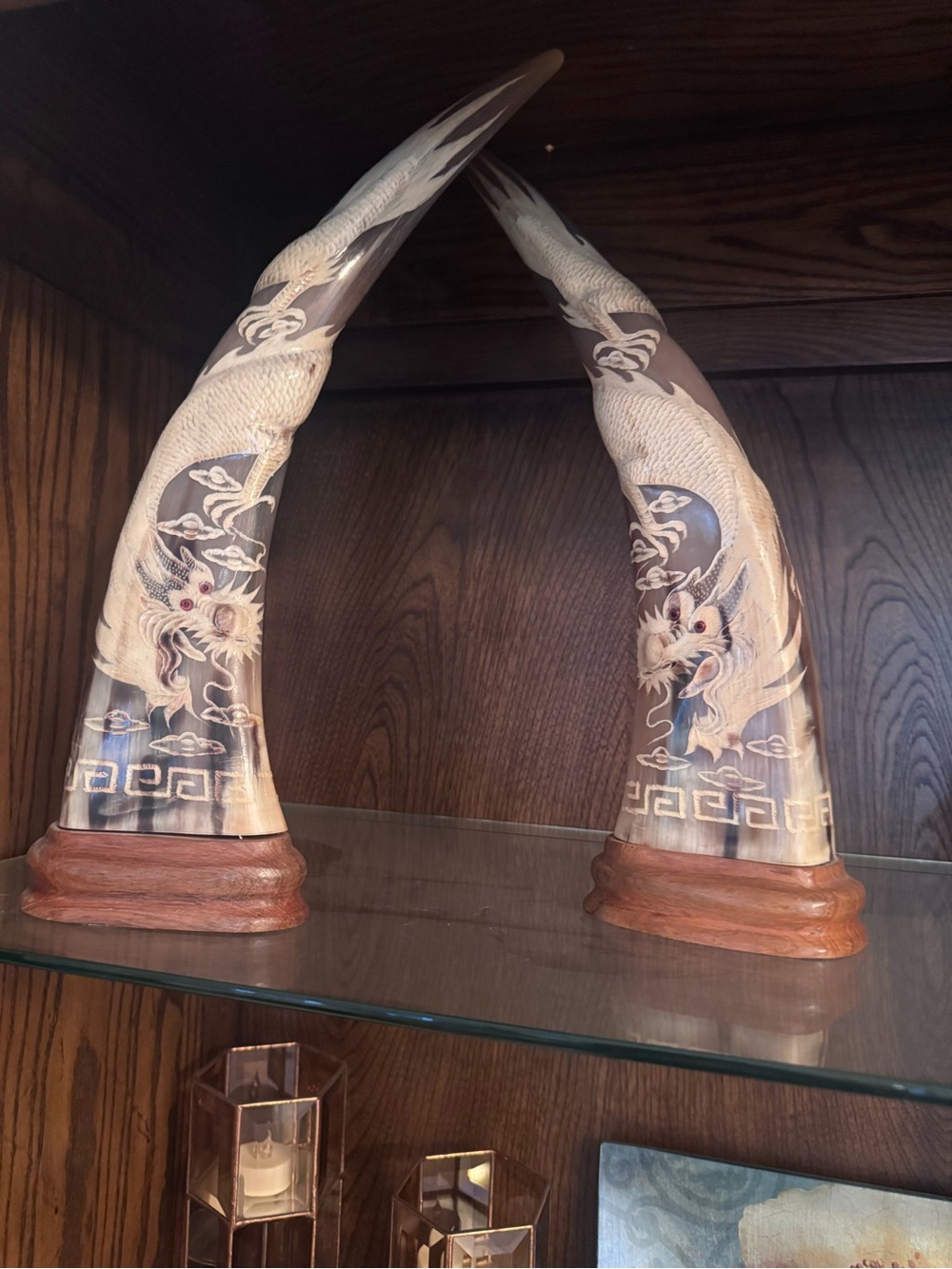 Carved Dragon Horn Pair - Ivory Tone with Brown and Grey Accents